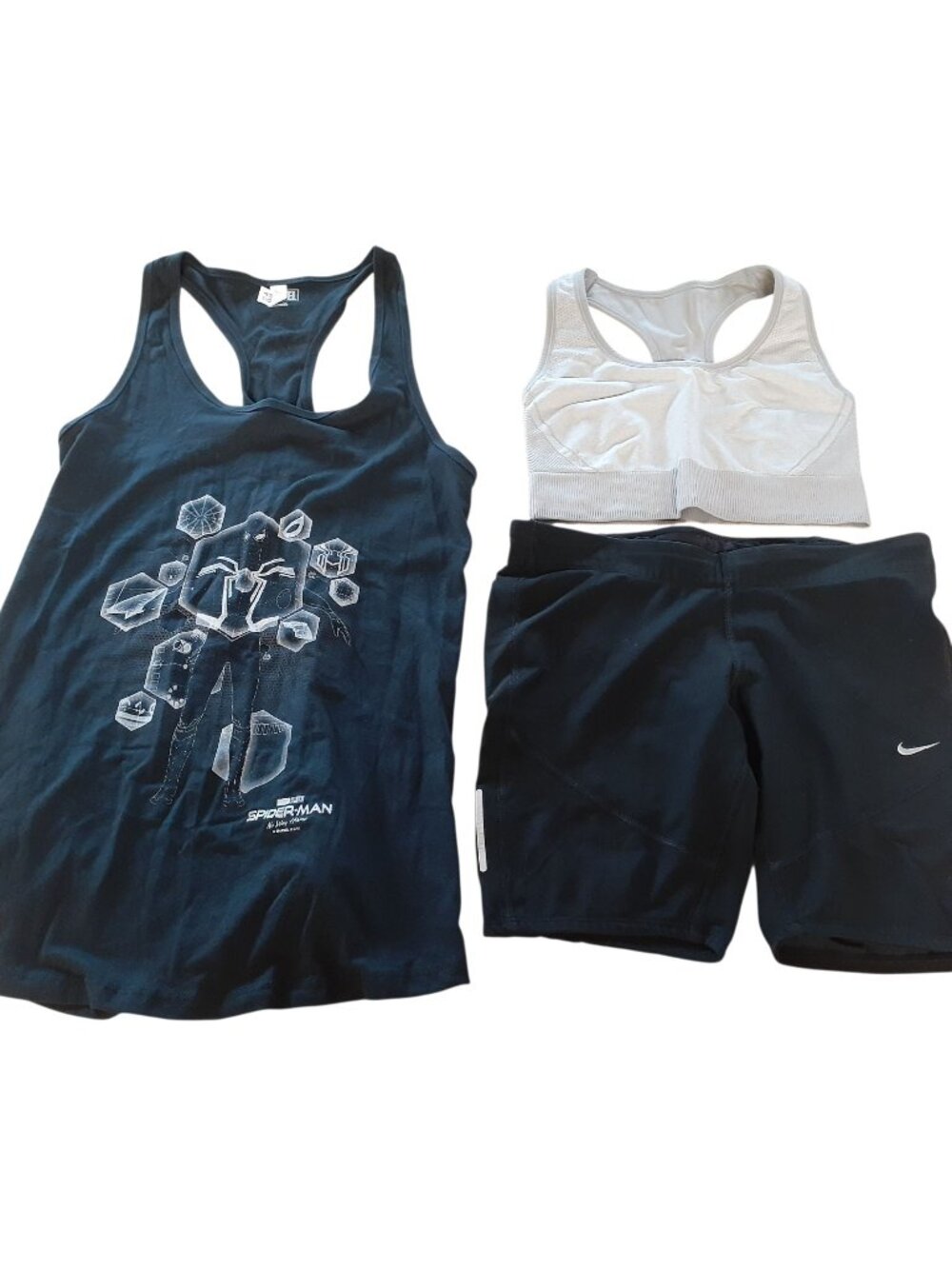 Bundle of 3 Womens Black Spider-Man, Gray Tank Top Racerback,  & Nike Shorts